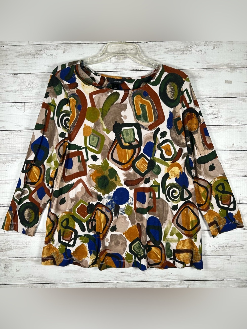 Ali Miles Geometric Abstract Earth Tone Pocket Tunic Top Stretch Rayon Spandex M